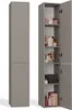 A tall, narrow bathroom cabinet is shown from the front and side. The side view reveals shelves filled with various toiletries and cosmetic products. Produktbild-Vorschau