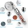 A shower head with various features highlighted by callouts and text. Produktbild-Vorschau