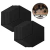 Two stacks of black hexagonal acoustic panels are shown against a white background. A small inset image shows the panels applied to a wall above a bed. Produktbild-Vorschau