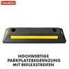 A black and yellow parking stop barrier is shown against a white background, with text below describing its features. Náhled obrázku produktu