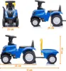 A collage of images showing a blue toy tractor with a trailer from different angles, with dimensions indicated. Voir les images du produit