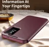 A burgundy flip case for a smartphone is shown on a textured surface. Produktbild-Vorschau