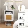A white nightstand with a rattan door is shown next to a bed. The image includes marketing text and diagrams. Podgląd zdjęcia produktu