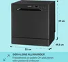 A black mini-dishwasher is shown with dimensions indicated by dashed lines and text labels. Produktbild-Vorschau
