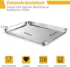 A stainless steel baking sheet with dimensions and feature icons displayed. Produktbild-Vorschau