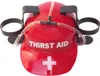 A red novelty helmet designed for parties, featuring cup holders and a drinking tube. Produktbild-Vorschau