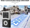 A tour guide system transmitter is shown in a busy outdoor square with people and buildings in the background. A glowing blue line with text indicates a communication range. Náhled obrázku produktu