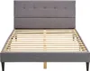 A gray upholstered bed frame with a wooden slat mattress support, shown from the front. Voir les images du produit