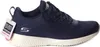 A side view of a blue Skechers Bobs Squad training shoe with a white sole, against a white background. A tag is attached to the shoe. Anteprima dell’immagine prodotto