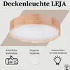 A round wooden ceiling light with a white diffuser, shown with descriptive text and icons highlighting its features. Produktbild-Vorschau