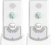 Two white wireless intercom units are shown side-by-side on their charging bases. Podgląd zdjęcia produktu