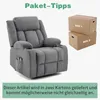A gray recliner chair is shown next to two cardboard boxes labeled 'BOX 1' and 'BOX 2'. Text at the top reads 'Paket-Tipps' and text at the bottom states the item is delivered in two boxes and may not arrive at the same time. Anteprima dell’immagine prodotto