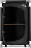 A black camping cabinet with a shelf and an open door, standing on a white background. Podgląd zdjęcia produktu