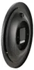 The back of a black wall clock is shown, with the battery compartment and movement mechanism visible. Voir les images du produit