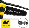 A close-up view of a yellow and black electric chainsaw with a black handle and a black guide bar with a chain. Produktbild-Vorschau