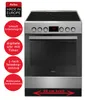 A freestanding electric stove with a ceramic hob and oven, featuring various feature callouts on the left side. Produktbild-Vorschau