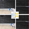 A collage of images showing a caulking tool kit being used to apply sealant to tile grout lines in a bathroom or kitchen setting. Produktbild-Vorschau