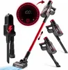 A collage of a red cordless stick vacuum cleaner with its accessories and a digital display showing battery percentage. Voir les images du produit