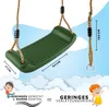 A green swing seat with ropes, suspended against a background of clouds and a light blue sky. Dimensions and text indicating features are overlaid on the image. Produktbild-Vorschau