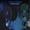 A person wearing a black gaming headset with red LED accents. Produktbild-Vorschau