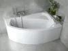 A white corner bathtub in a modern bathroom with gray tiled walls. Produktbild-Vorschau