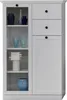 A white cabinet with glass doors and drawers, displaying various decorative items. Produktbild-Vorschau