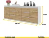 A white and wood-grain sideboard with decorative items on top, with dimensions indicated by yellow lines and text. Náhľad obrázku produktu