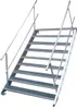 A metal staircase with handrails against a white background. Produktbild-Vorschau