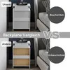 Comparison of two nightstands, one with a coated back panel and one without, next to a bed. Produktbild-Vorschau