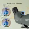 A close-up of a spotting scope with two inset images showing a bird before and after zooming. Produktbild-Vorschau