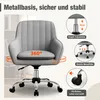 A gray office chair with various features highlighted by text and diagrams. Produktbild-Vorschau