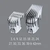 Two hair clipper guards of different sizes are shown against a gray background, with a list of sizes below. Anteprima dell’immagine prodotto