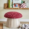 A mushroom-shaped pouf is placed on a rug in front of a shelf with books. Produktbild-Vorschau