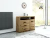 A modern living room with a wooden dresser, a radiator, a clock, and a floor lamp. Produktbild-Vorschau