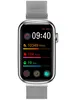 A smartwatch with a silver band and a black screen displaying time, steps, calories, and distance. Produktbild-Vorschau