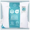 A white pillow with a teal marketing label attached to the front. Produktbild-Vorschau