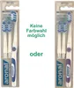 Two packages of Aronal öko-dent toothbrush heads are shown side-by-side, with text indicating that color choice is not possible. Produktbild-Vorschau