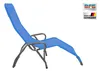 A blue chaise lounge chair on a white background with branding and country of origin labels. Produktbild-Vorschau