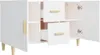 A white sideboard with wooden legs and handles is shown with its doors and drawers open. Produktbild-Vorschau