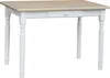 A white dining table with a wooden top and a single drawer, shown from a slightly angled front view against a white background. Náhled obrázku produktu