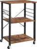 A three-tier rolling kitchen cart with a rustic wood finish and black metal frame. Podgląd zdjęcia produktu