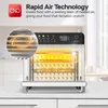 A close-up marketing image of a multi-function oven, showcasing its rapid air technology with a swirling air graphic and a digital display. Náhľad obrázku produktu