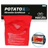 A product shot of a red potato cooking bag with packaging and a small inset image of the bag in a microwave. Produktbild-Vorschau