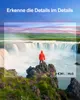A person stands on rocks overlooking a waterfall, with a digital overlay showing HDR and HLG logos, and text in German. Produktbild-Vorschau