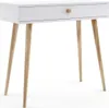 A white console table with a single drawer and a wooden knob, supported by four angled wooden legs, is shown against a white background. Náhled obrázku produktu