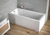 A modern bathroom with a white bathtub, a sink on a wooden vanity, and tiled walls. Produktbild-Vorschau
