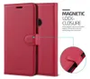 A red phone case with a magnetic closure is shown, with a close-up detail of the closure mechanism and text highlighting its features. Náhled obrázku produktu