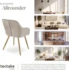 A collage showcasing a beige upholstered chair in a studio setting and various room vignettes (dining room, living room, kitchen, bedroom) where the chair could be placed. Náhled obrázku produktu