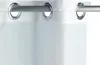 Close-up of a white shower curtain with metal grommets hanging on a shower rod. Produktbild-Vorschau