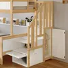 A detailed view of a wooden bunk bed with integrated storage and stairs. Náhľad obrázku produktu